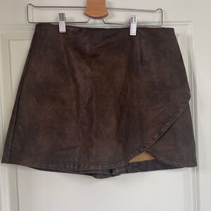 Brown Faux Leather Wrap Skort